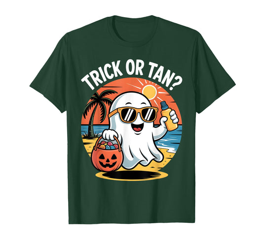 Trick or Tan Funny Halloween Cute Ghost Beach Summer Costume T-Shirt