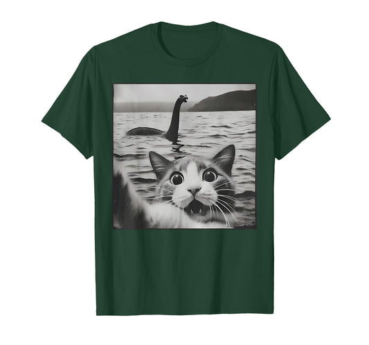 Cat Selfie With Loch Ness Monster Funny Cats Men Women Kids T-Shirt