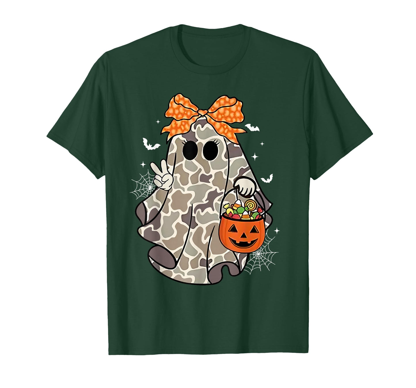 Coquette Camo Ghost Bow Halloween Candy Hunter Girls Kids T-Shirt