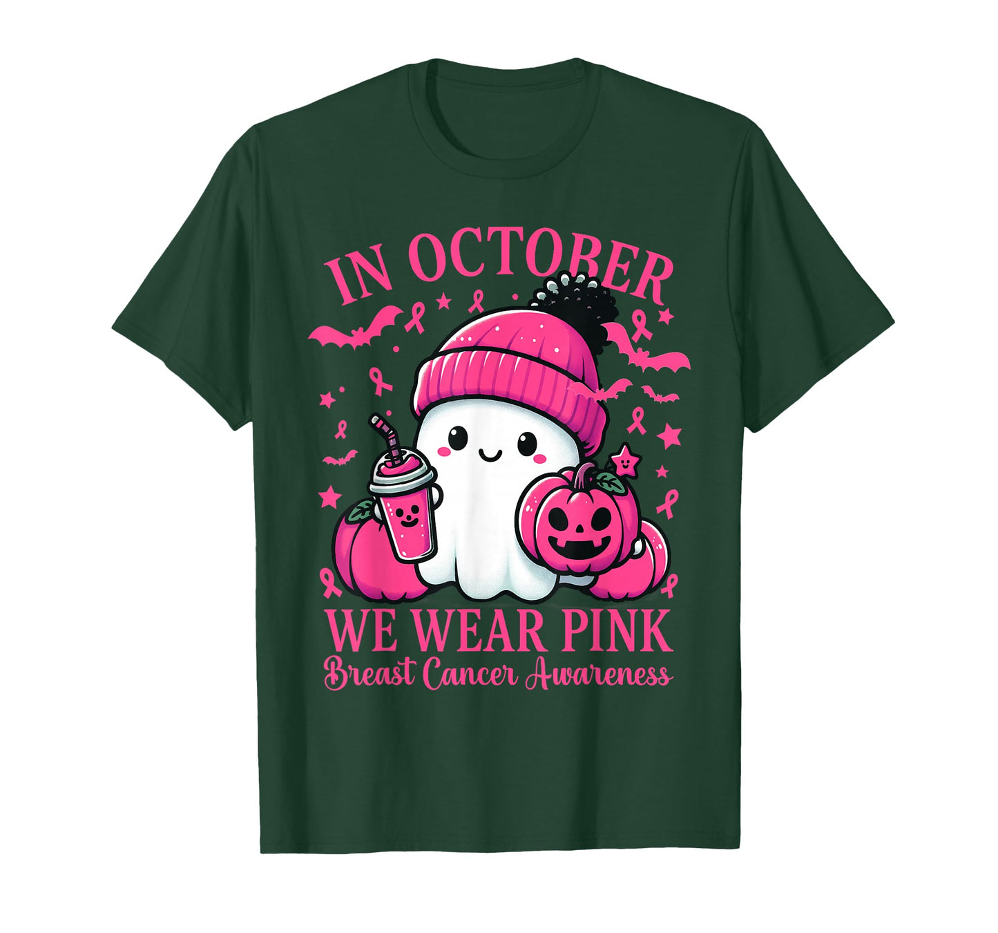 in October We Wear Pink Breast Cancer Boo Ghost Halloween T-Shirt