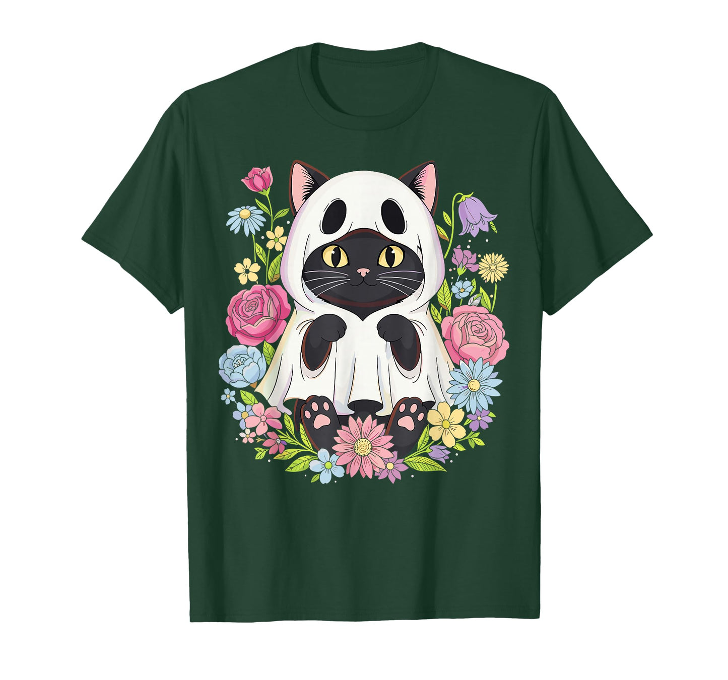Halloween Black Cat Ghost Costume Flowers T-Shirt