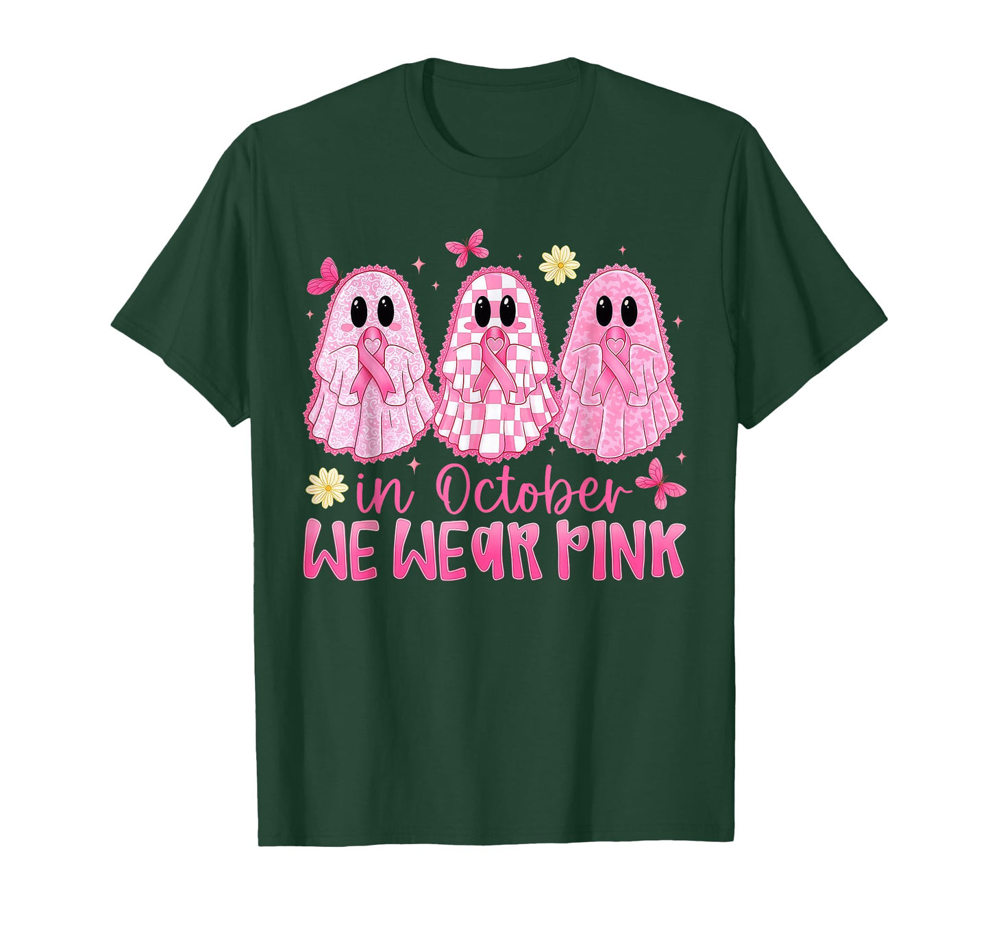 in October We Wear Pink Ghost Witch Breast Cancer Awareness T-Shirt