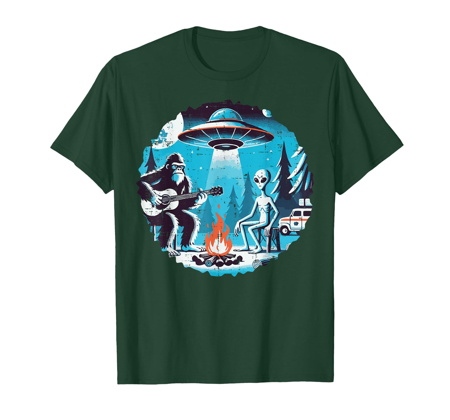 Bigfoot Guitar Alien Ufo Camp Funny Sasquatch Women Men Kids T-Shirt