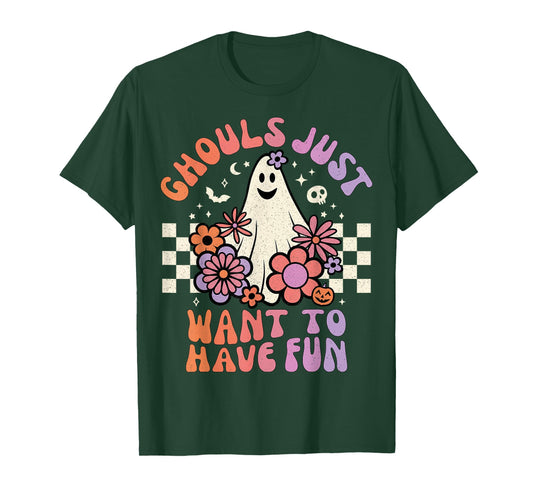 Ghouls Just Want to Have Fun Women Girls Floral Ghost Sketch T-Shirt