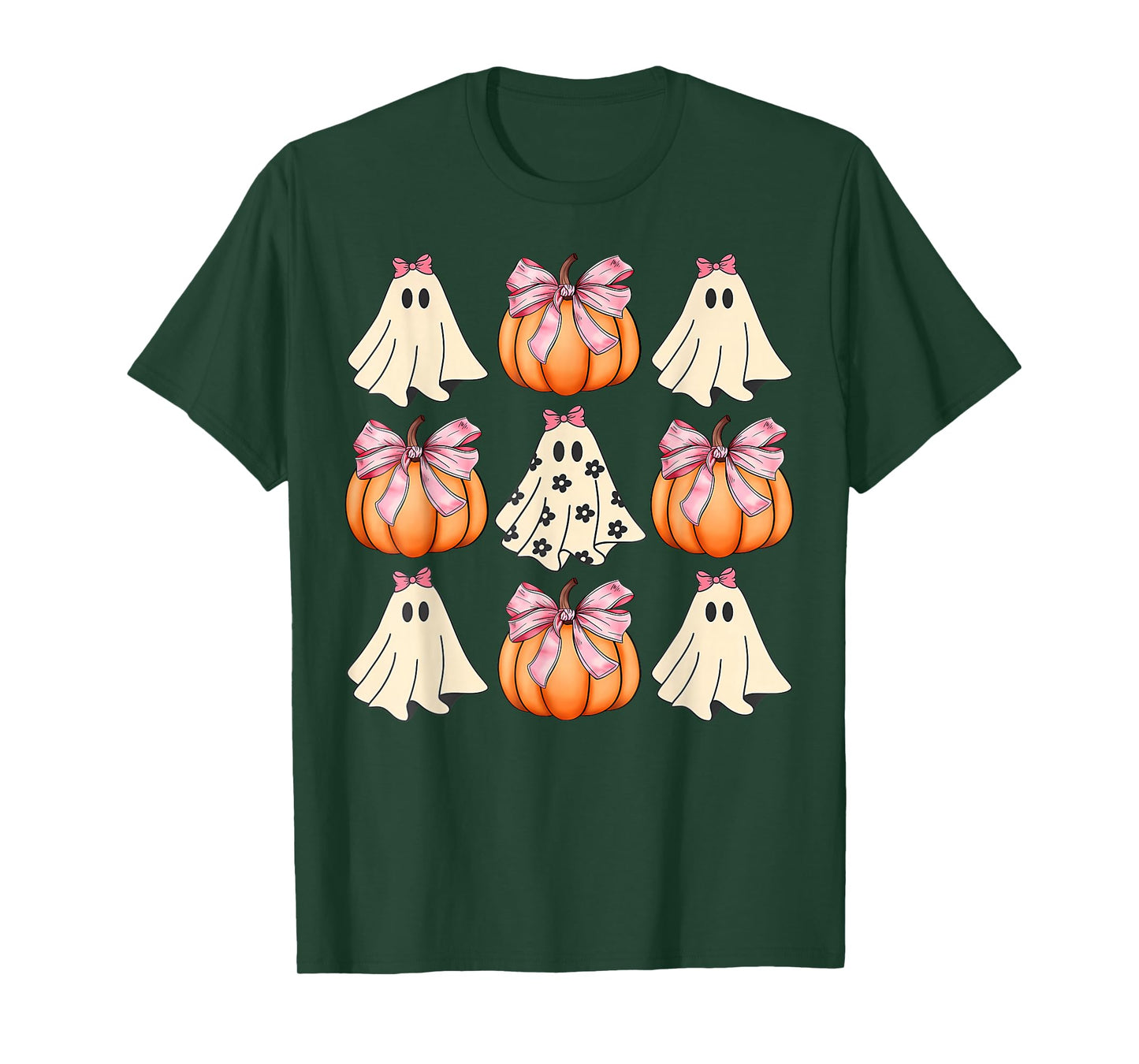 Cute Ghost Florals Pink Coquette Bows Pumpkins Halloween T-Shirt