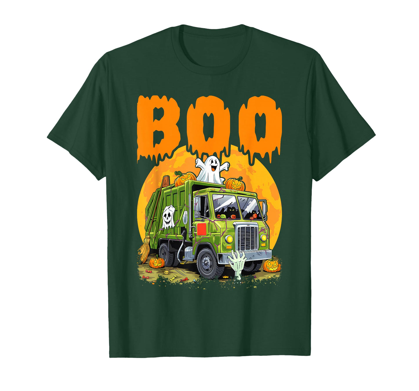 Ghost Driving Garbage Truck With Candy Bag Carved Pumpkin T-Shirt