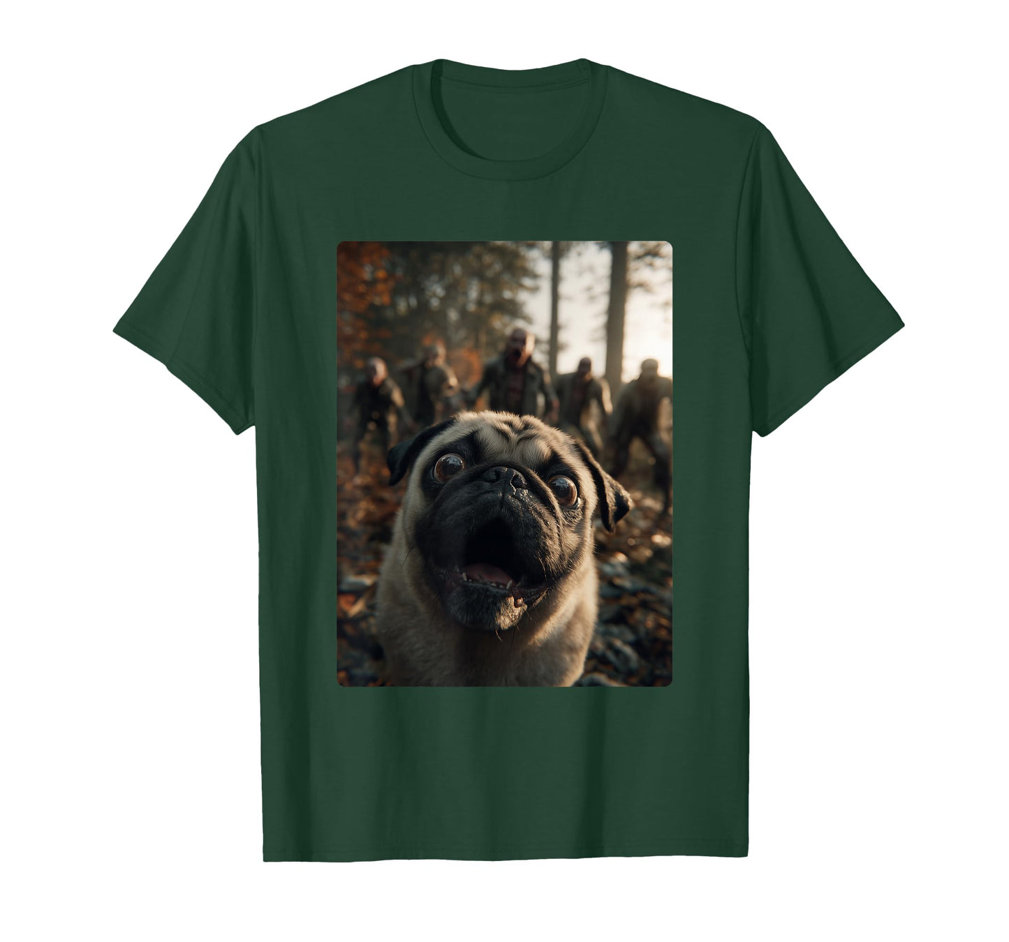 Funny Pug Selfie with Zombies Spooky Forest Halloween Dog T-Shirt