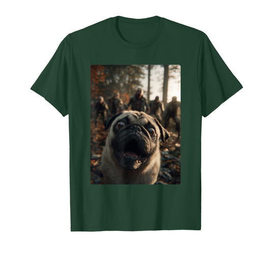 Funny Pug Selfie with Zombies Spooky Forest Halloween Dog T-Shirt