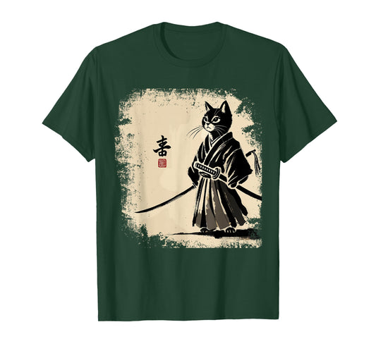 Samurai Cat Vintage Warrior Art Graphic Cat Art T-Shirt