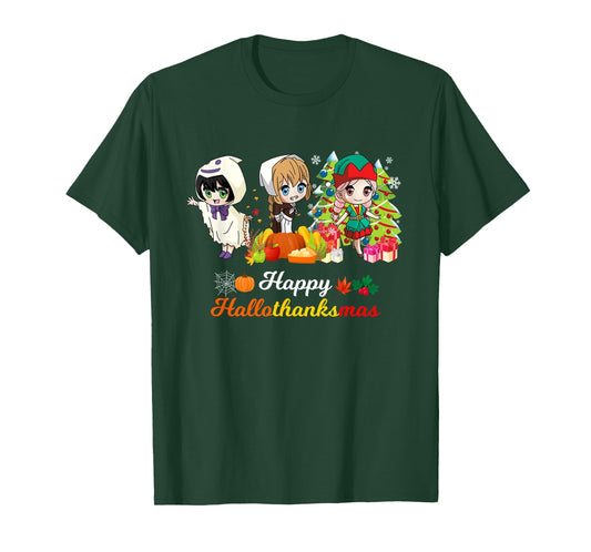Halloween Thanksgiving Christmas Hallothanksmas Anime Girl T-Shirt