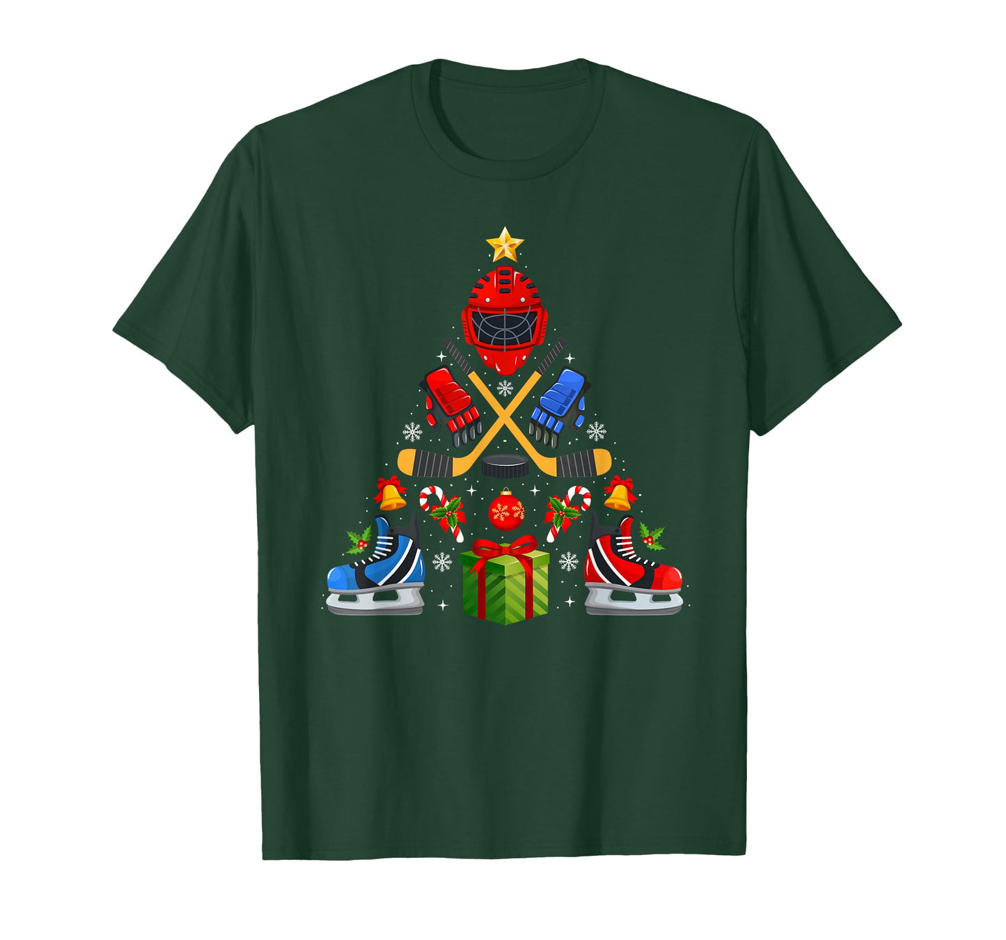 Ice Hockey Christmas Tree Lights Red Santa Hat Xmas Pajamas T-Shirt