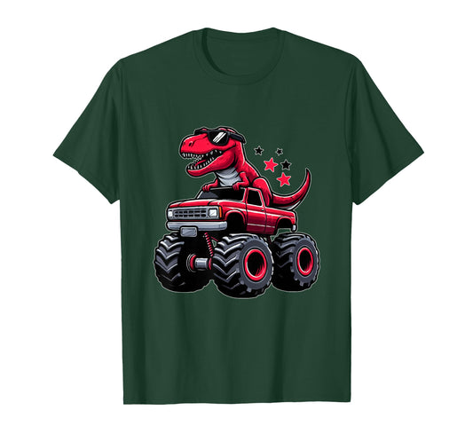 Red Dino Sunglasses T-Rex Riding Monster Truck Kids Boys T-Shirt