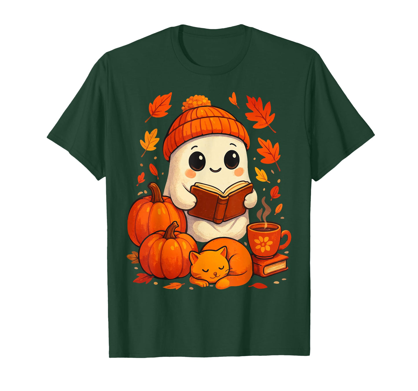 Cute Ghost Reading Book Autumn Pumpkins Cat Coffee Halloween T-Shirt