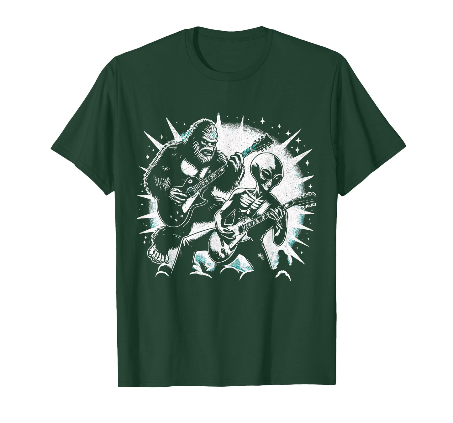 Funny Bigfoot and Alien Playing Guitar Rock Music Musicians T-Shirt
