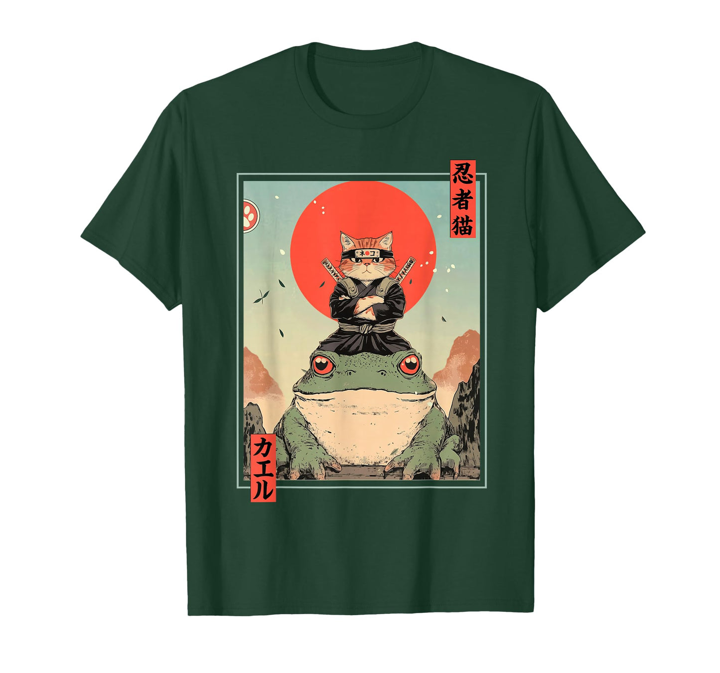 Japanese Ninja Cat and Frog Retro Anime Style Graphic T-Shirt