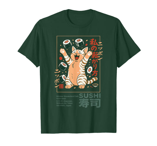 Happy Sushi Cat Japanese Retro-Style Kawaii Food Poster Art T-Shirt