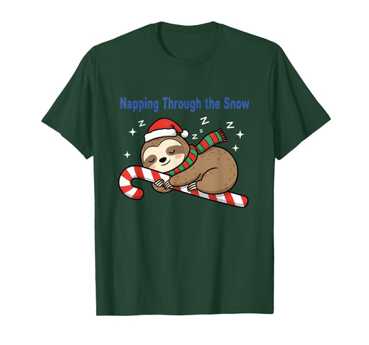 Napping Through The Snow Christmas Sloth Candy Cane T-Shirt