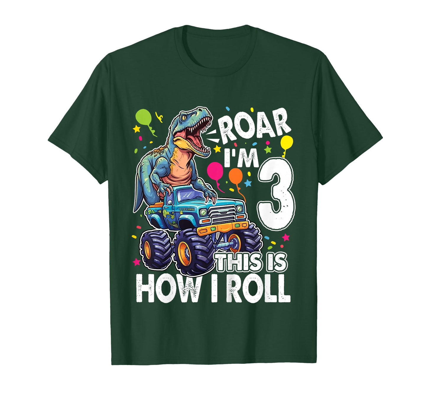 Kids Dinosaur Monster Truck 3rd Birthday Party Roar I'm 3 Boys T-Shirt