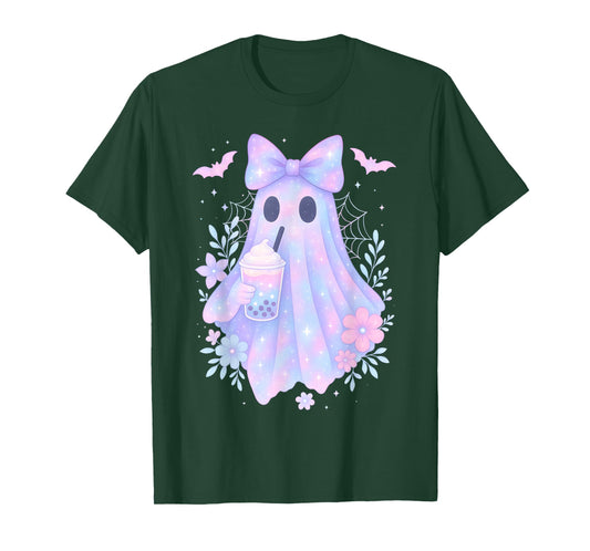 Kawaii Pastel Galaxy Ghost Bubble Tea Halloween Coquette Bow T-Shirt
