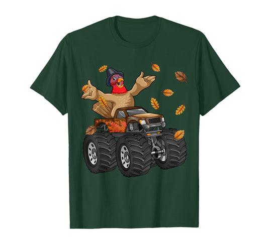 Thanksgiving Turkey Riding Monster Truck Funny Boys Kids T-Shirt