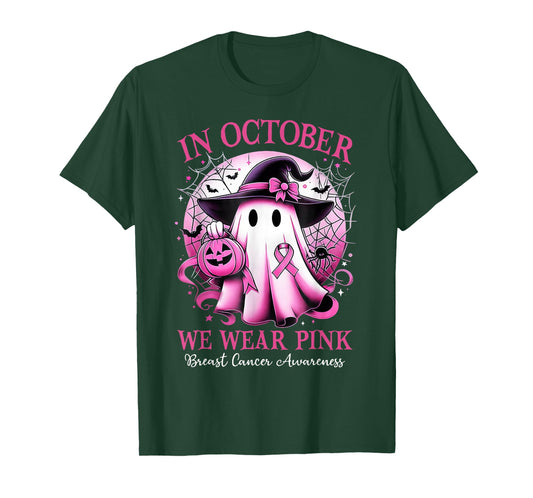 In October We Wear Pink Witch Ghost Breast Cancer Awareness T-Shirt
