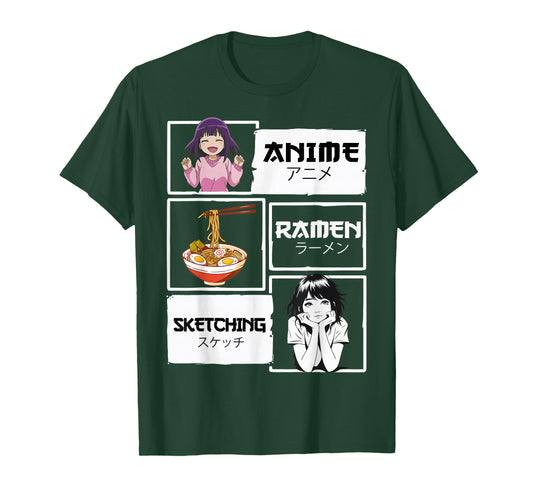 Japan Boba Manga Kawaii Anime Ramen Sketching Unisex-Adult T-Shirt - Black, Small
