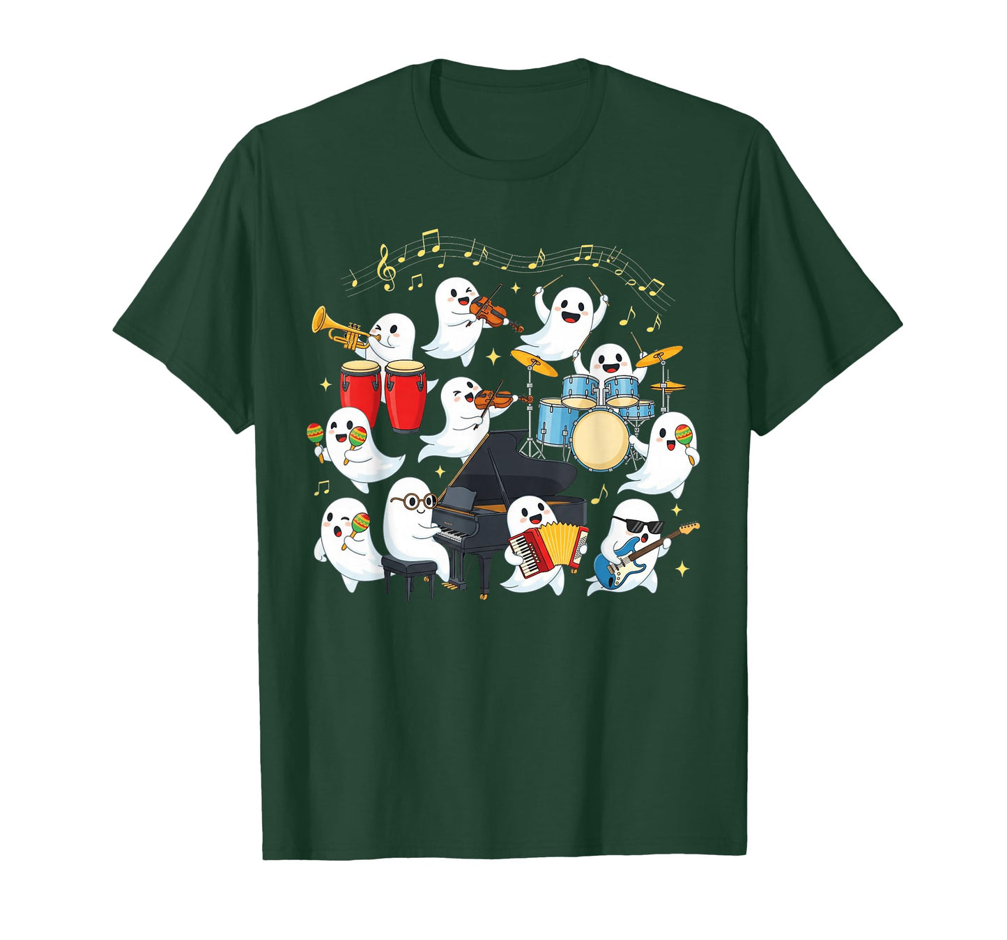 Halloween Music Teacher Ghost Playing Musical Instruments T-Shirt