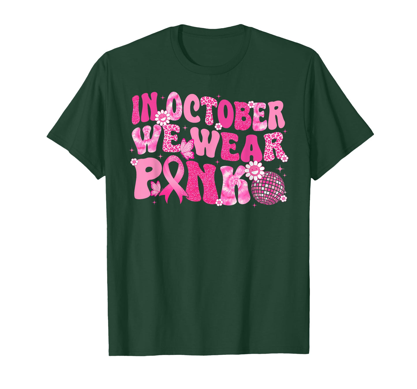 In October We Wear Pink Breast Cancer Awareness Disco Retro T-Shirt