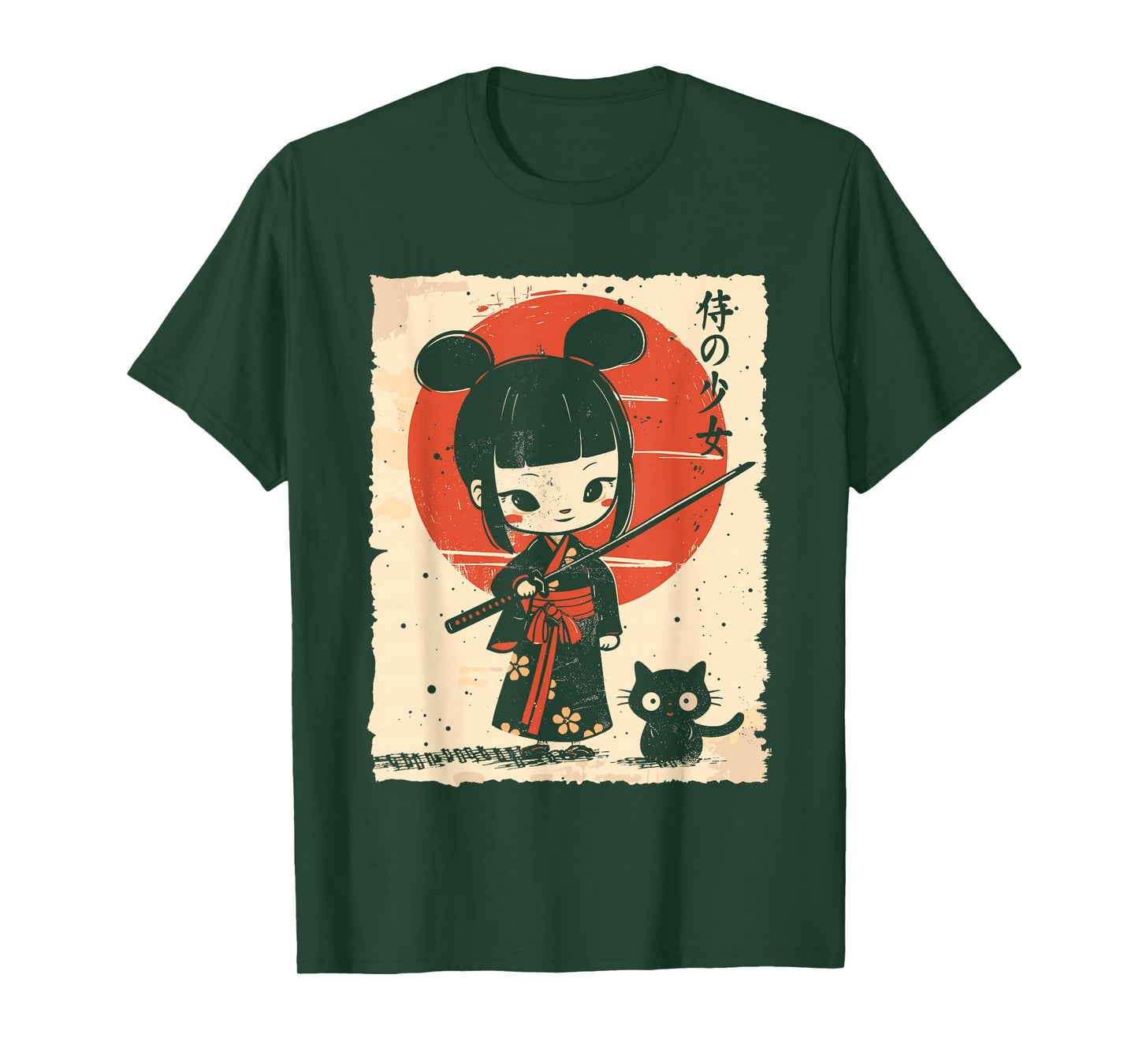 Cute Kawaii Samurai Girl with Katana & Cat Japanese Anime T-Shirt