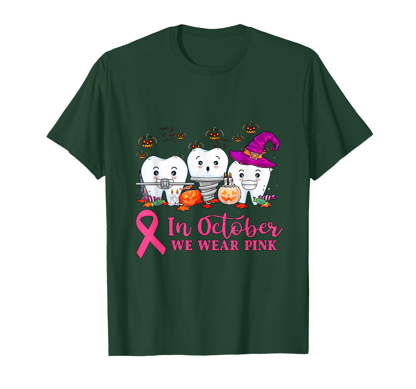 In October We Wear Pink Ribbon tooth Breast Cancer awareness T-Shirt