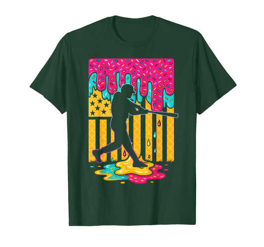 Baseball Ice Cream Drip Boys Girls American Flag Game Day T-Shirt