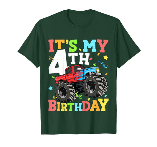 Kids Monster Truck It's My 4th Birthday Boy 4 Four Toddler T-Shirt