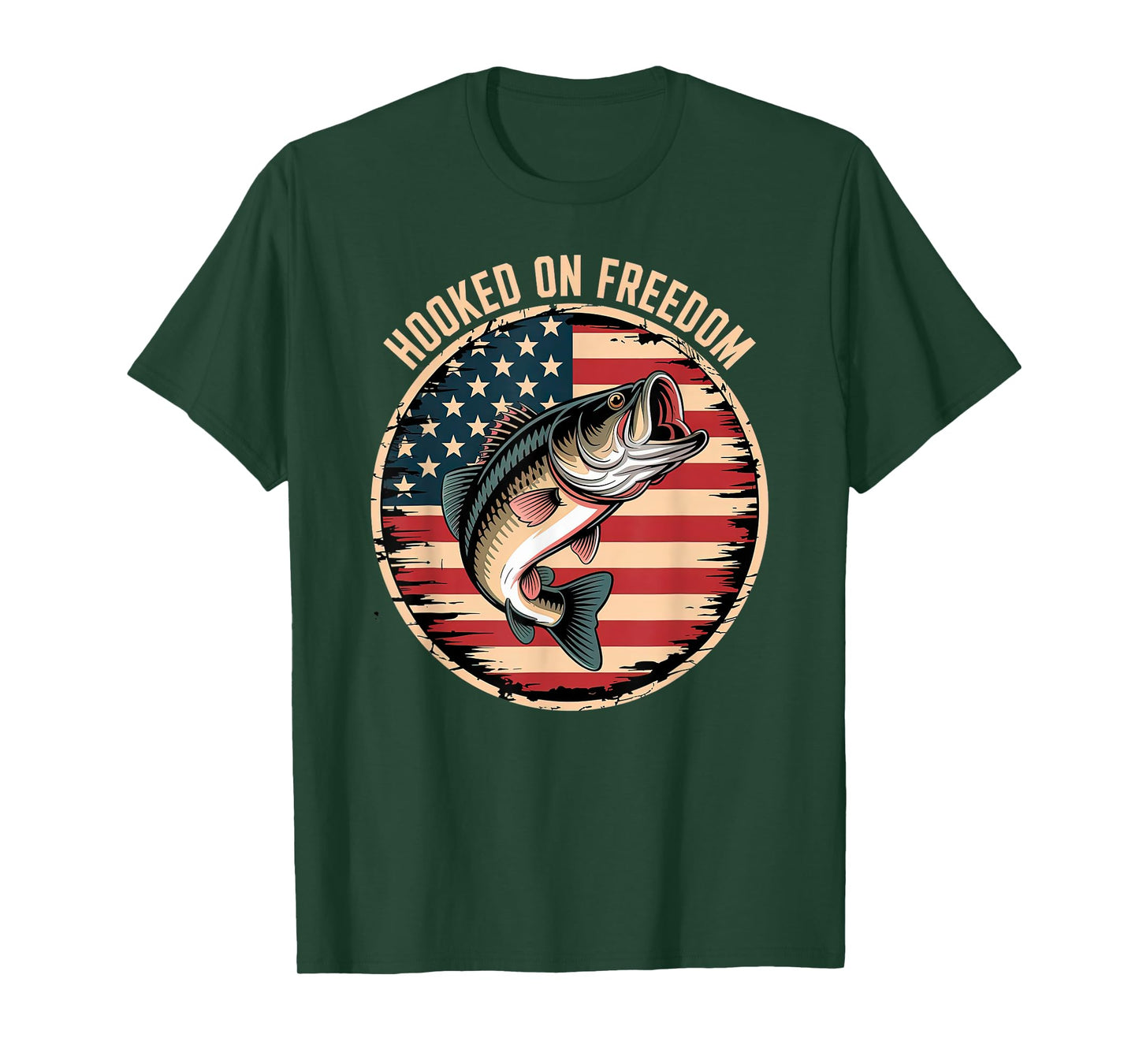 Patriotic Bass Fishing Jumping Over Distressed American Flag T-Shirt