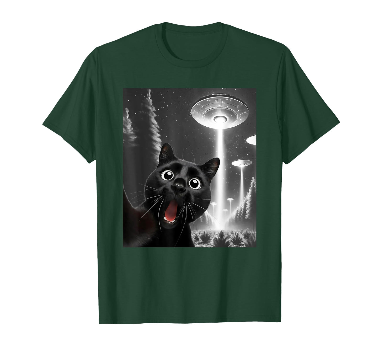 Funny Black Cat Alien UFO Taking a Selfie Cat Mom Dad T-Shirt