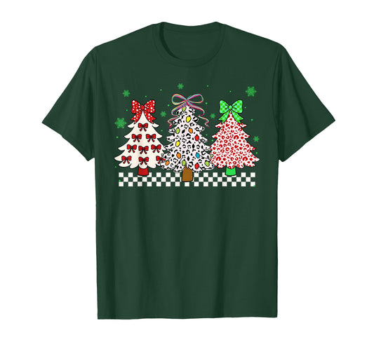 Coquette Bow Christmas Tree Leopard Cute Girly Xmas Colorful T-Shirt