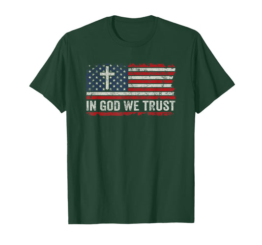 in God We Trust - Vintage USA Flag Cross Patriotic Christian T-Shirt