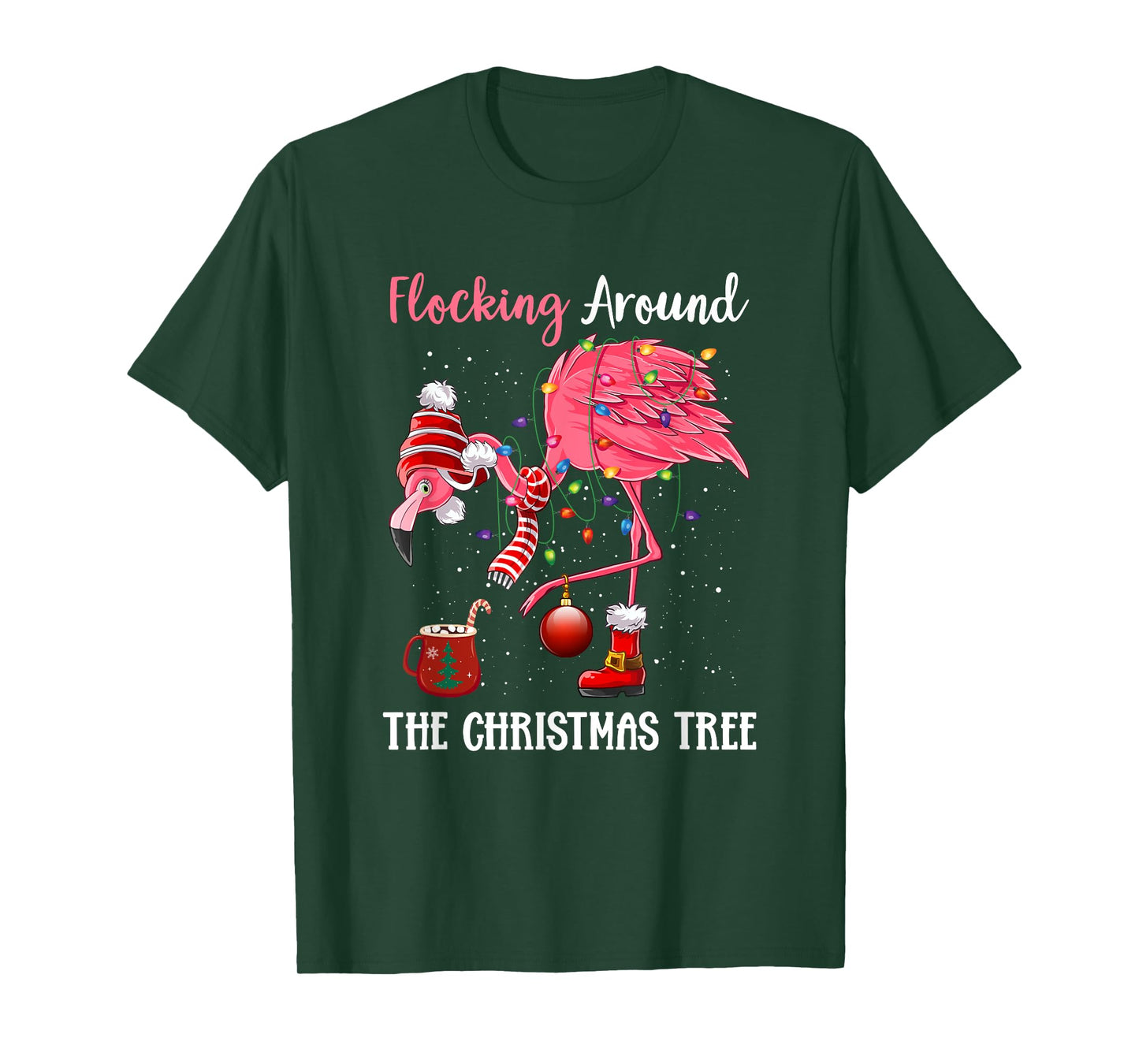 Flocking Around The Christmas Tree Xmas Pjs Pink Flamingo T-Shirt