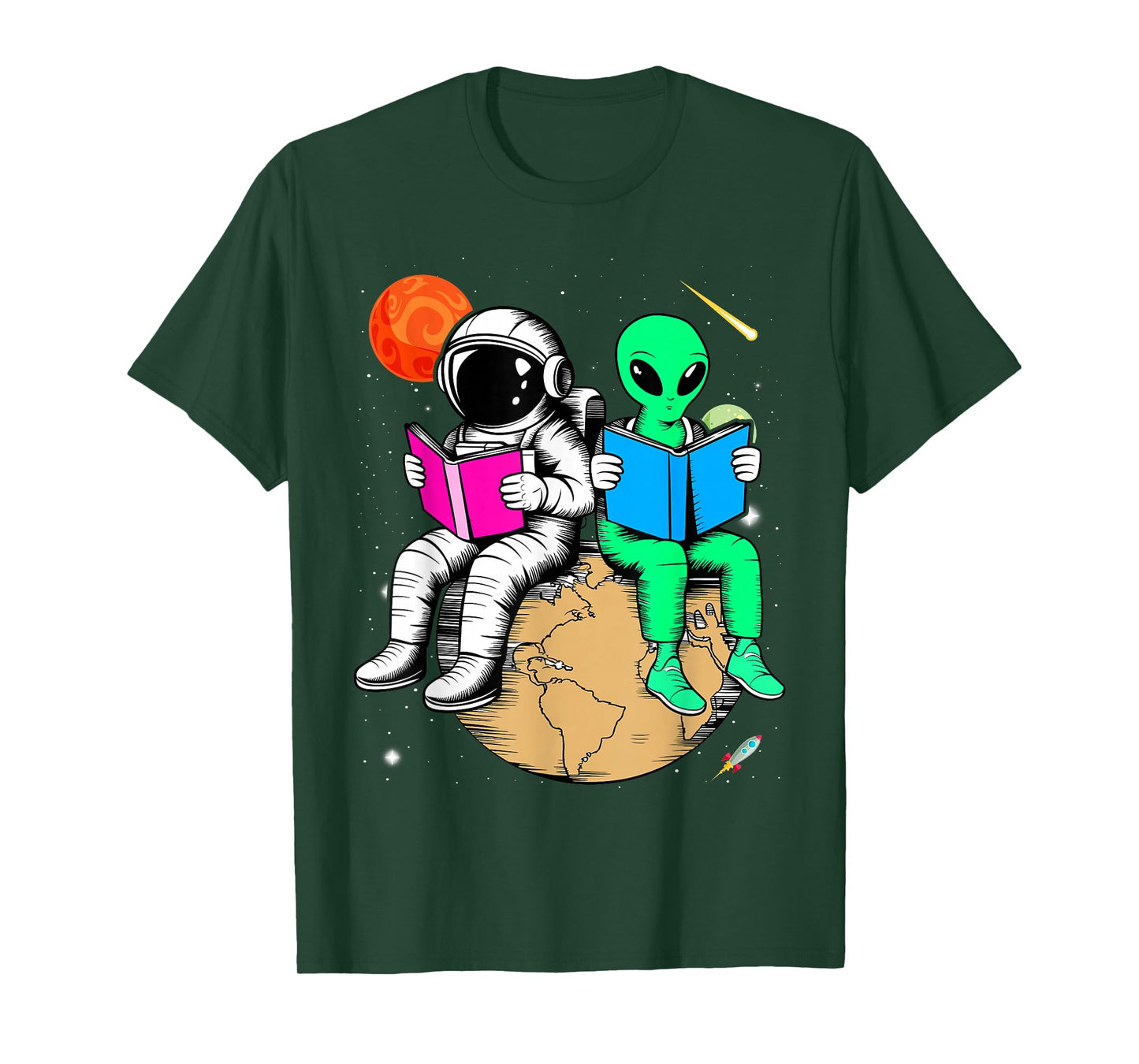 Astronaut Reading Book To Alien Moon Space Women Kids Men T-Shirt