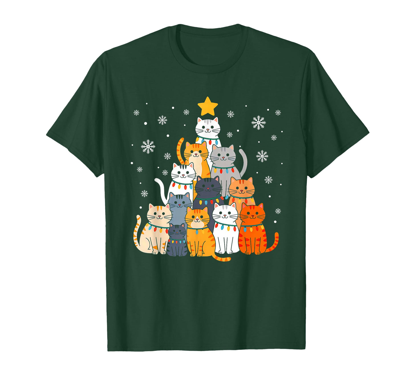 Cute Cat Christmas Tree Lights Funny Xmas Family Men Women T-Shirt