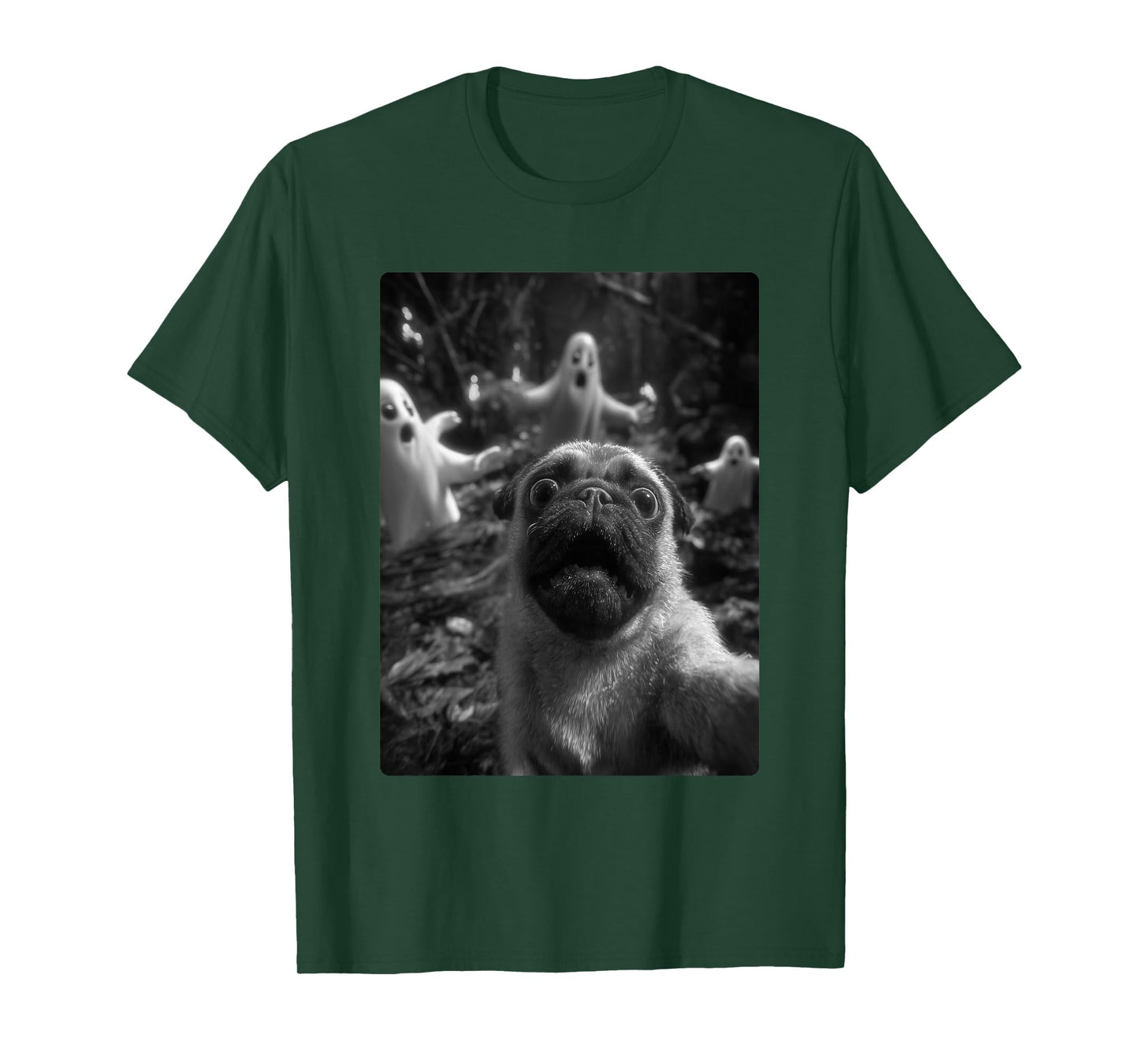 Spooky Pug Selfie with Ghosts Haunted Forest Halloween Dog T-Shirt
