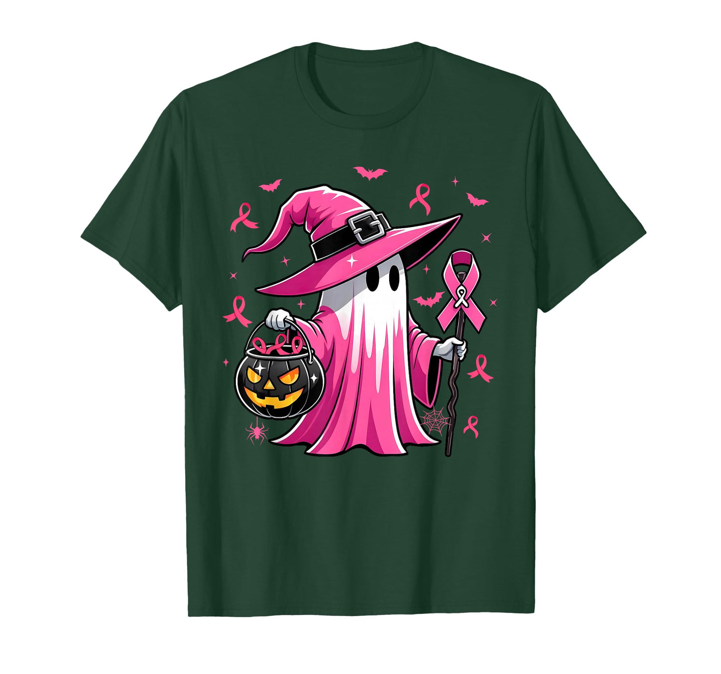 Halloween Pink Ghost Witch Breast Cancer Awareness Women T-Shirt