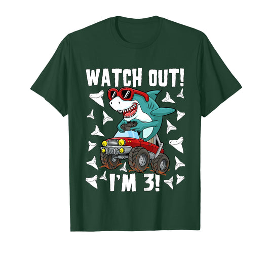 Kids 3 Years Old 3rd Birthday Shark Boy Girl Monster Truck Gamer T-Shirt