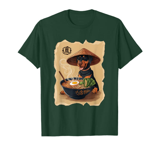Men Woman Kawaii Eating Ramen Japanese Doberman T-Shirt