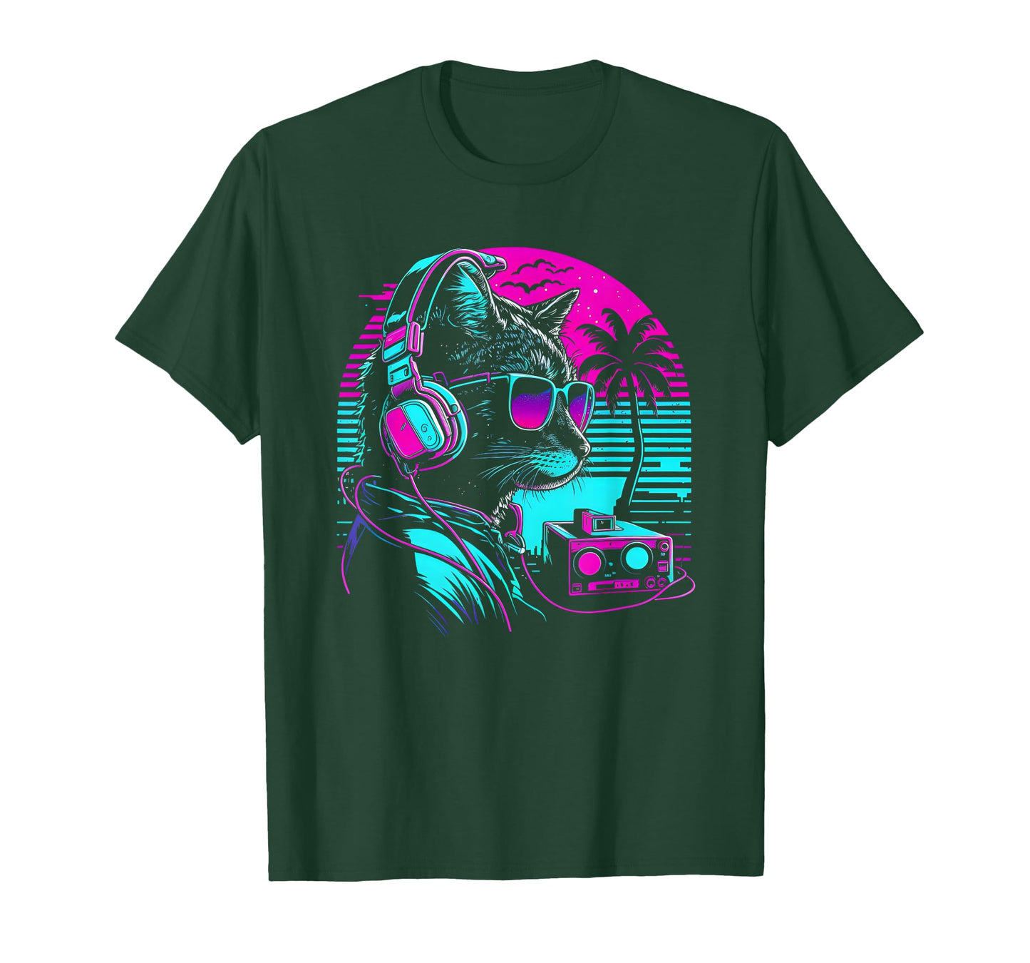 House DJ Cat 80s 90s Kitten Sunset Rainbow DJ Cat Kitty T-Shirt