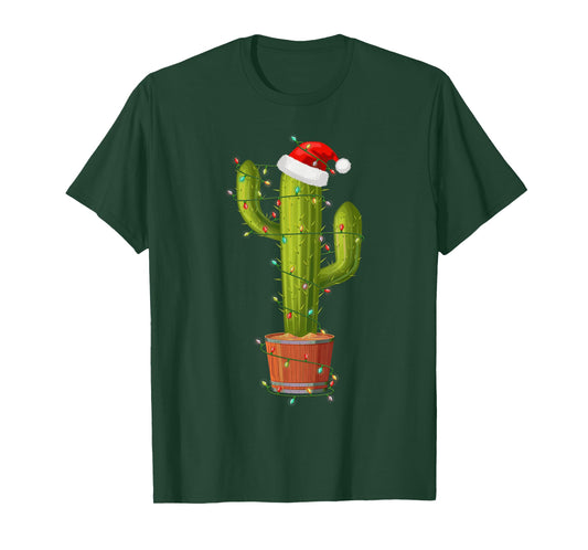 Funny Cactus Santa Hat Xmas Tree Lights Merry Christmas PJS T-Shirt