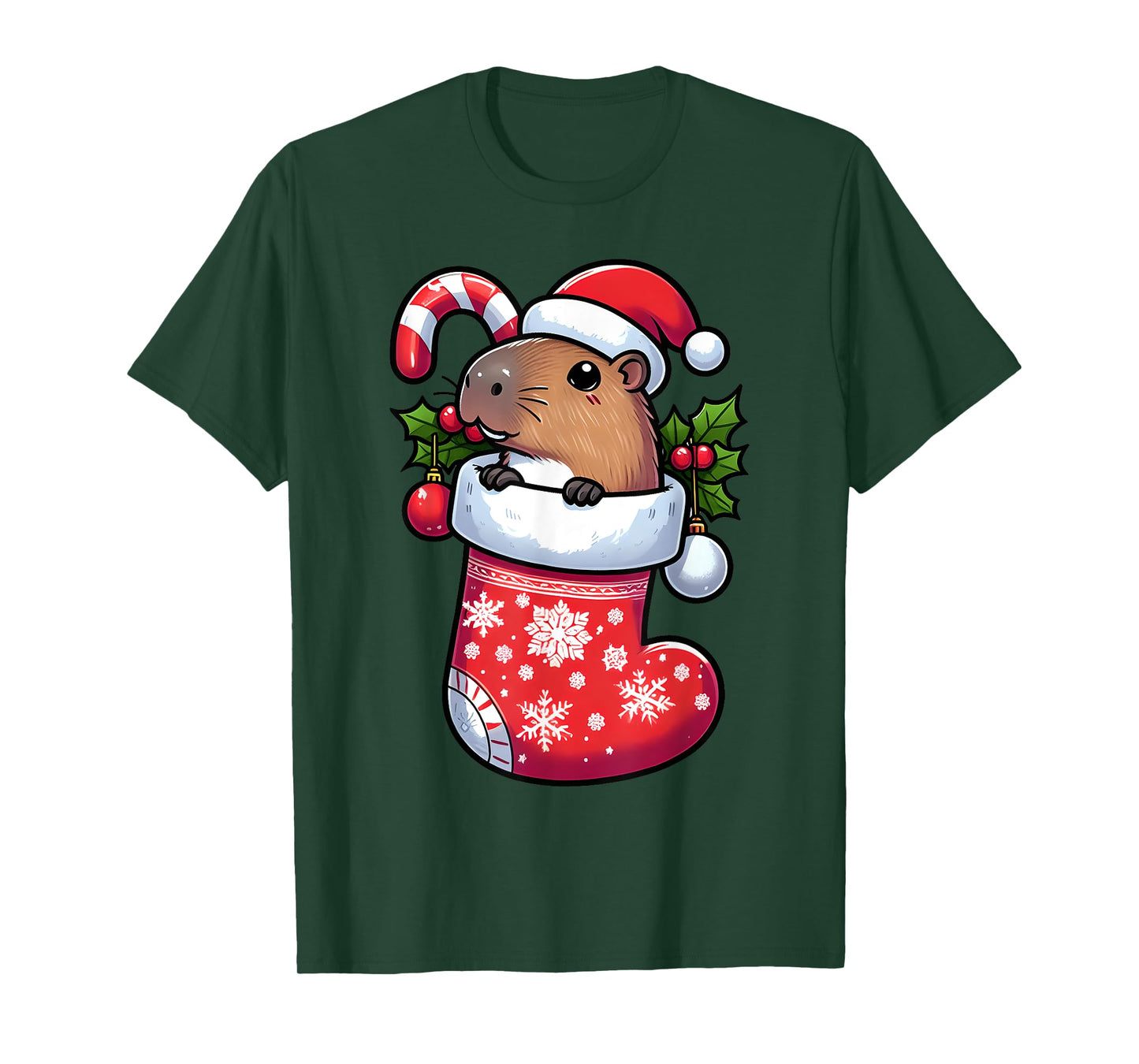 Capybara in Christmas Stocking Candy Cane Santa Hat Pajama T-Shirt