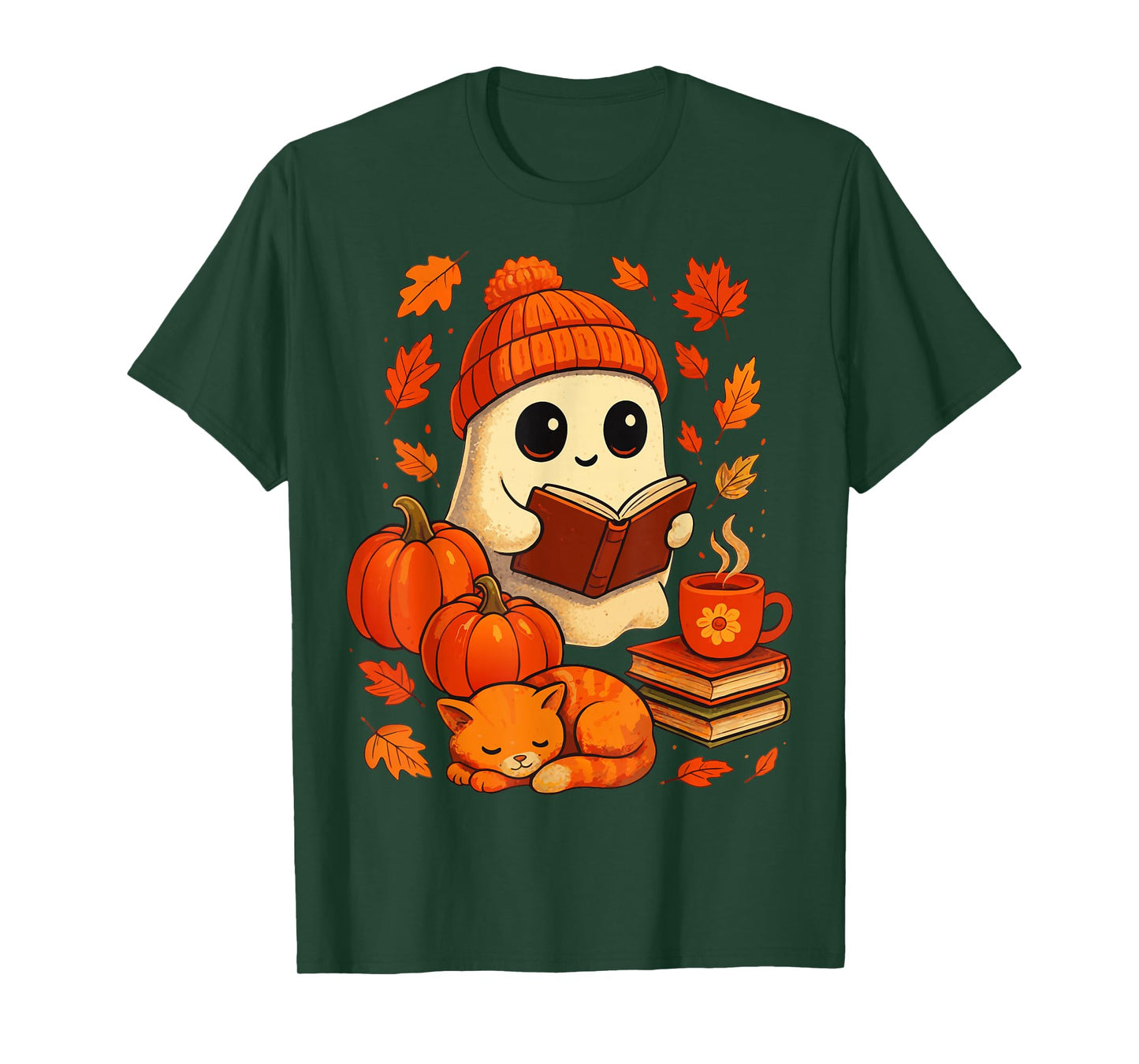 Ghost Reading Book Lovers Autumn Fall Halloween T-Shirt