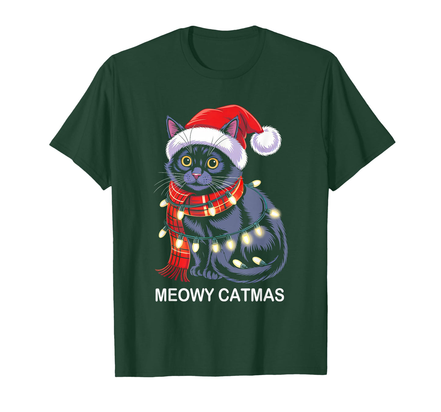 Meowy Catmas Christmas Lights Black Cat Santa Xmas Pajamas T-Shirt