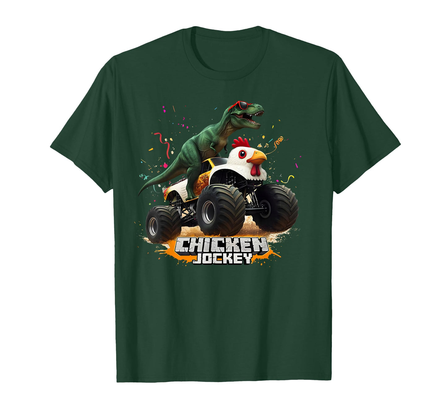 Funny Chicken Jockey - Dinosaur Riding Monster Truck T-Shirt