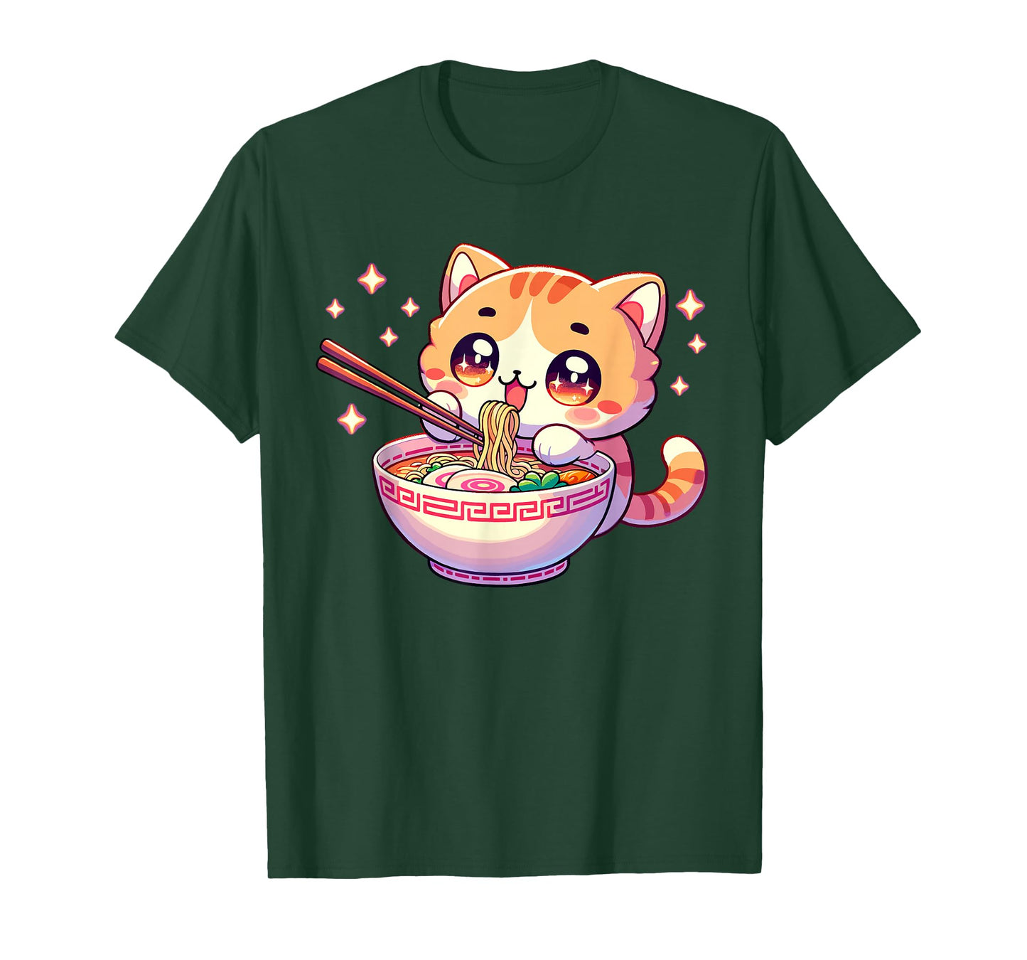 Japanese Kawaii Kitten Anime Cat Eating Ramen Women Girls Tees T-Shirt